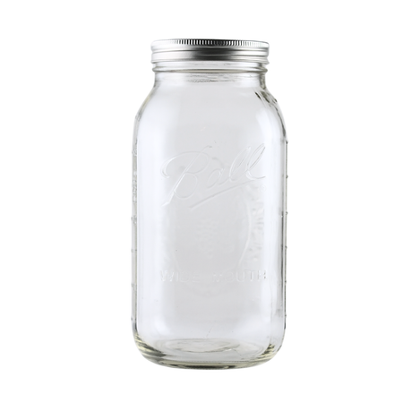 Six 64 oz Ball Mason Jars with wide mouths, bands, and lids for homebrewing and canning in a case of six.