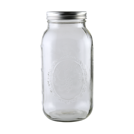 Six 64 oz Ball Mason Jars with wide mouth, bands, and lids, ideal for homebrewing and canning in a case of six jars.