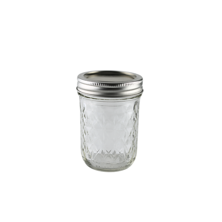Set of 12 Ball Mason Jars 8 oz with quilted design, bands, and lids for homebrewing and food storage.