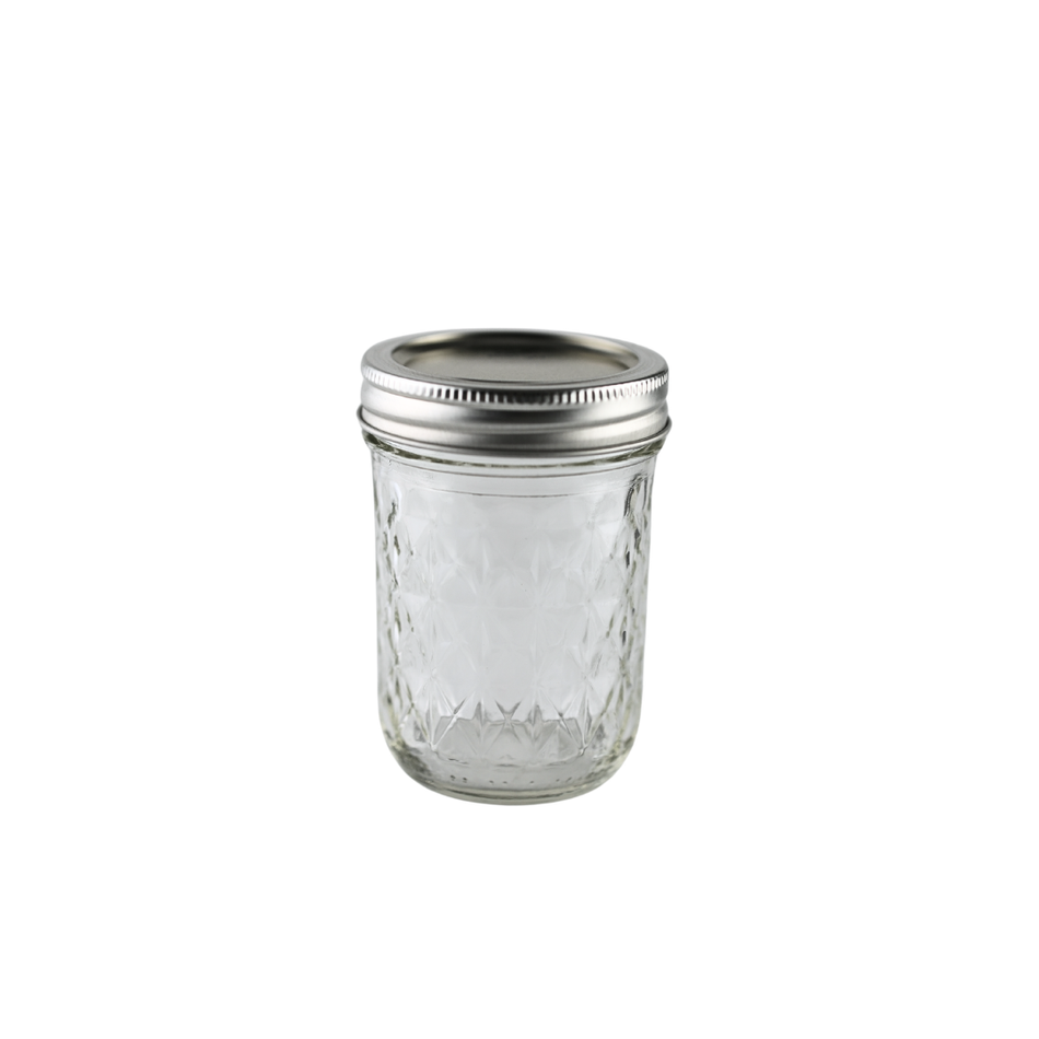 Set of 12 Ball Mason Jars 8 oz with quilted design, bands, and lids for homebrewing and food storage.