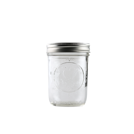 Set of 12 Ball Mason Jars 8 oz regular mouth with bands and lids for homebrewing and canning, featuring clear glass and metal lids.
