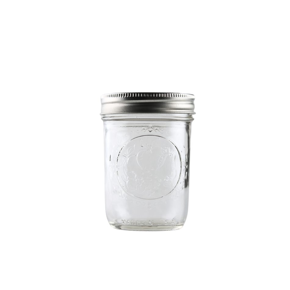 Set of 12 Ball Mason Jars 8 oz regular mouth with bands and lids for homebrewing and canning, featuring clear glass and metal lids.