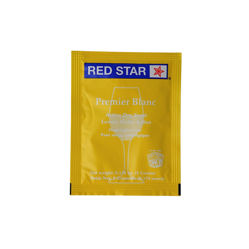 Red Star Premier Blanc wine yeast packet from FastRack, 5g, showing the yeast packet with branding and product details.