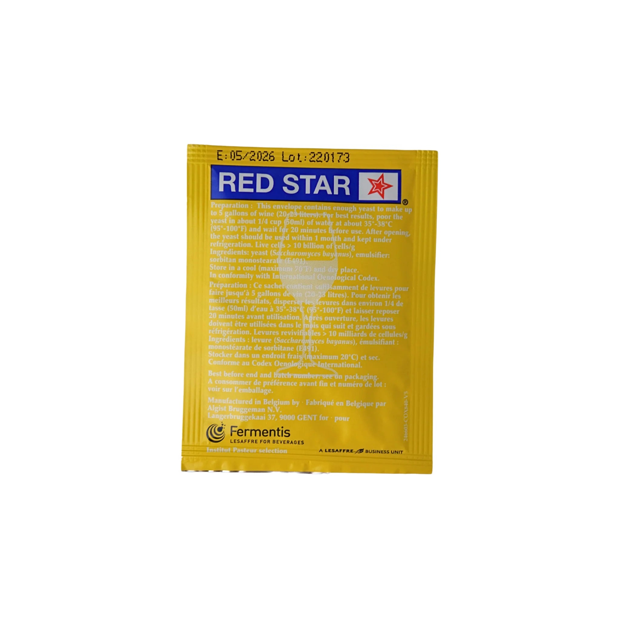 Red Star Premier Blanc wine yeast packet by FastRack, showing a 5 g yeast packet for winemaking.