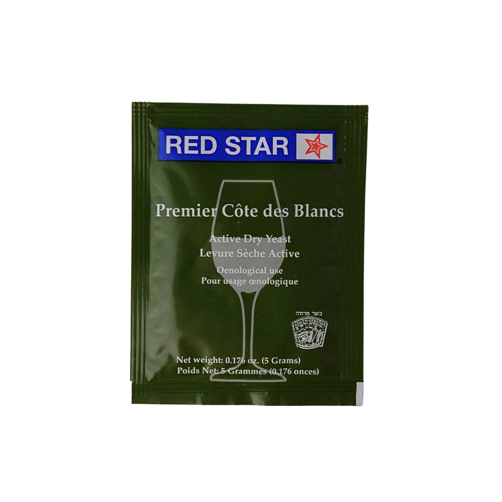 Red Star Premier Cote des Blancs wine yeast packet from FastRack, 5g, used for fermenting white wines with natural yeast.