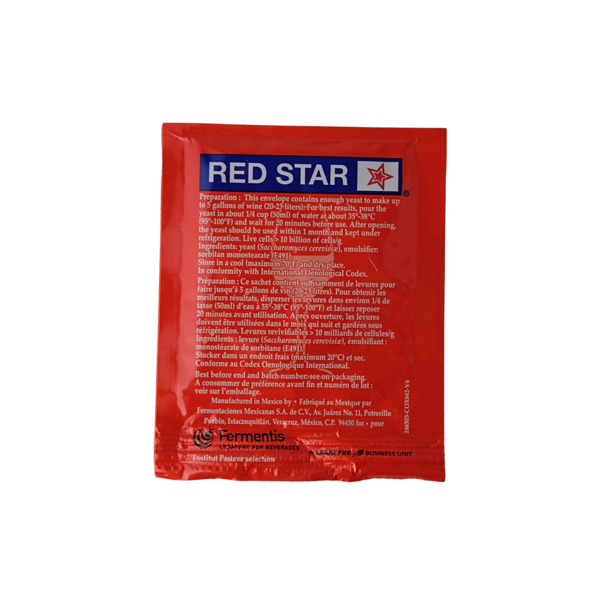 Red Star Premier Rouge wine yeast packet by FastRack, 5g, showing the yeast packet for red wine fermentation.