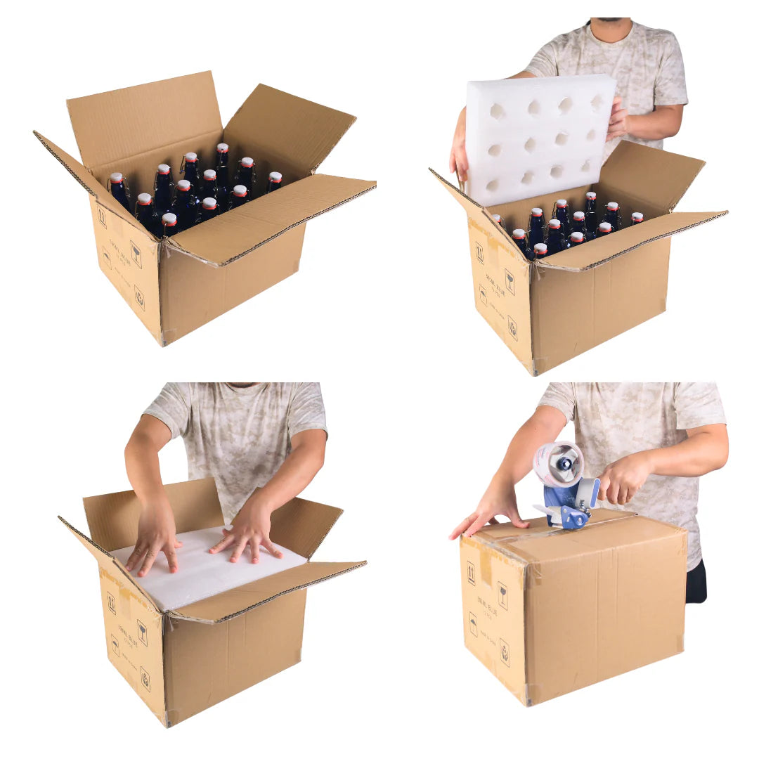 Six blue 1000ml swing top bottles by FastRack, with glass bottles featuring metal swing tops for secure sealing.