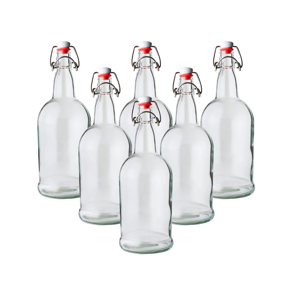 Six 500ml clear Swing Top Bottles by FastRack, featuring glass bottles with metal swing tops for beverages or storage.