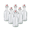 Six 500ml clear Swing Top Bottles by FastRack, featuring glass bottles with metal swing tops for beverages or storage.