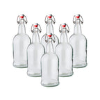 Six 500ml clear Swing Top Bottles by FastRack, featuring glass bottles with metal swing tops for beverages or storage.